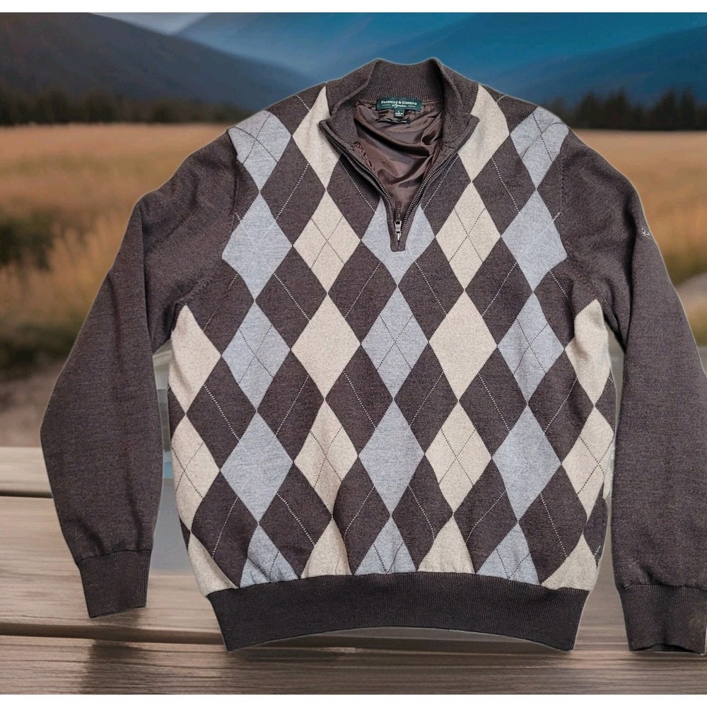 ⛳Fairway & Green Quarter Zip Sweater Men L Argyle Italian Merino Lined Golf